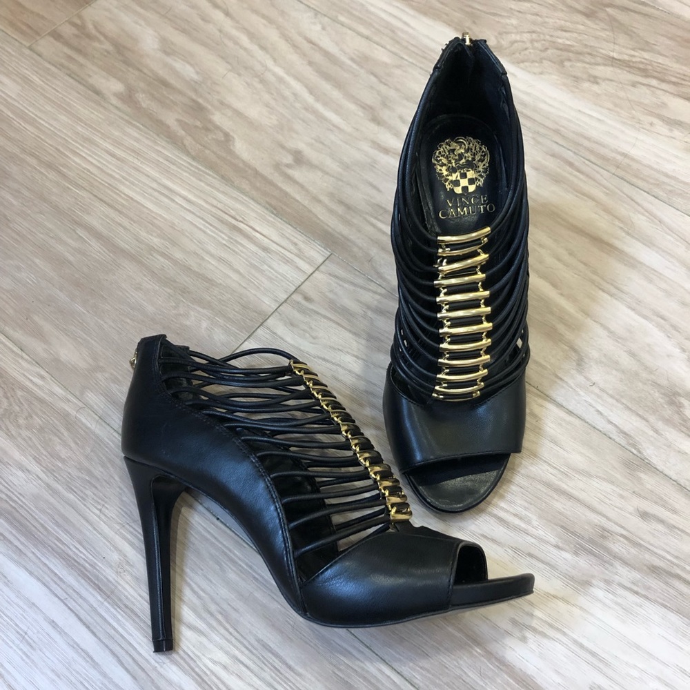 Sexy Caged Heel Sandal Black + Gold